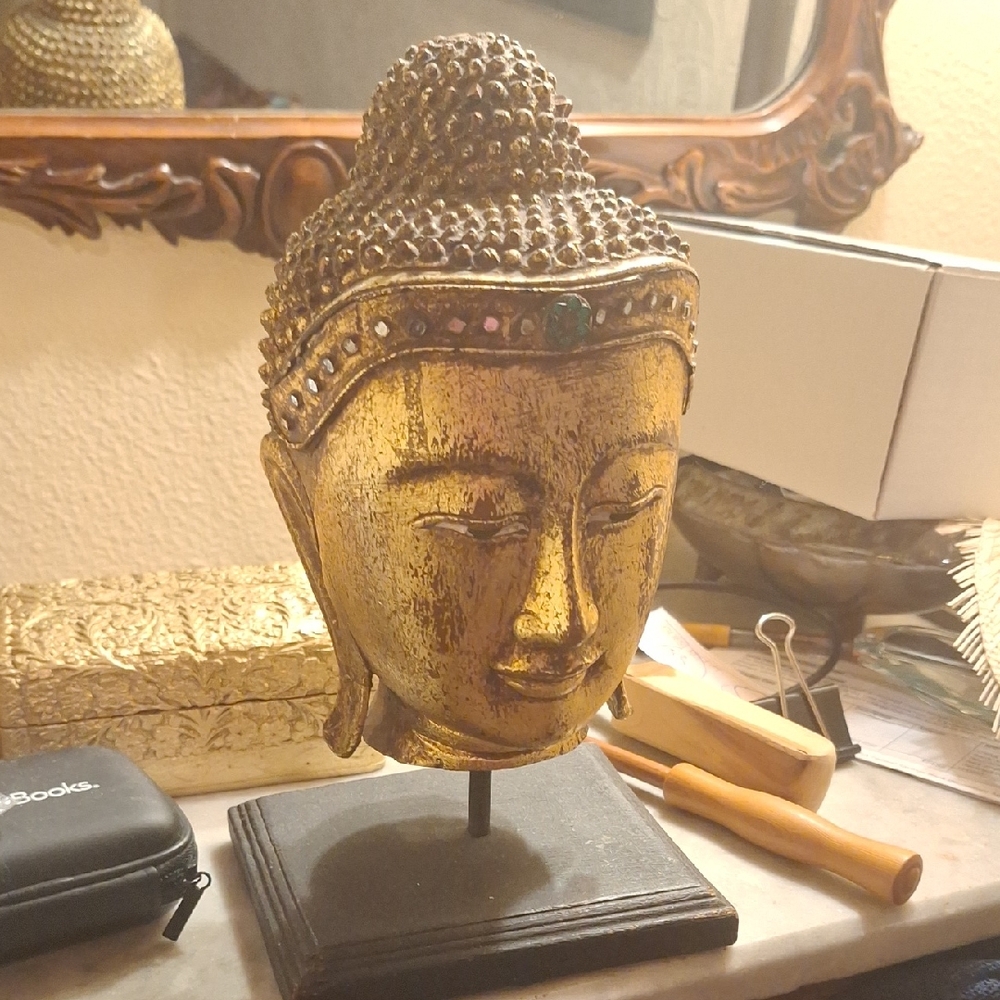Vintage Wooden Gold Buddha Head Sculpture